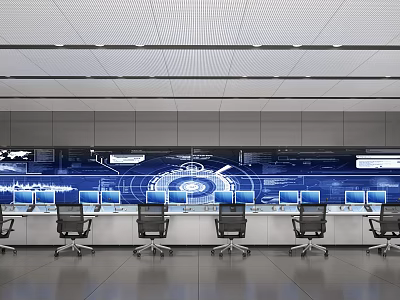 Modern Monitoring Room With Multiple Screens Control Desks And Chairs 3d model
