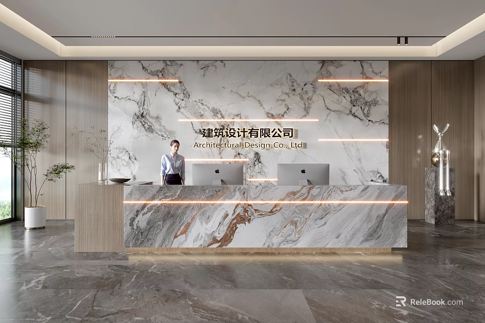 Modern Office Reception Desk With Marble Countertop Decorative Wall Warm Lighting and Receptionist 3d model 
