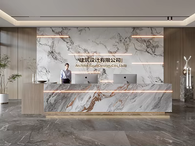 Modern Office Reception Desk With Marble Countertop Decorative Wall Warm Lighting and Receptionist 3d model