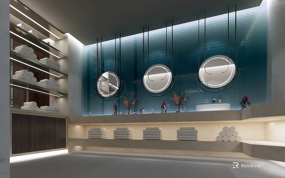 Modern Luxury Club Bathroom Interior With Three Circular Mirrors Blue Accent Wall And Stacked Towels 3d model 