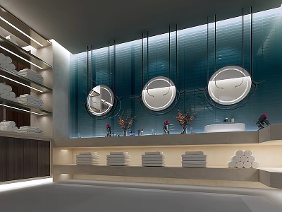 Modern Luxury Club Bathroom Interior With Three Circular Mirrors Blue Accent Wall And Stacked Towels 3d model