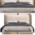 Double Bed with Upholstered Tufted Headboard Neutral Gray Beige Bedding Decorative Pillows and Throw Blanket