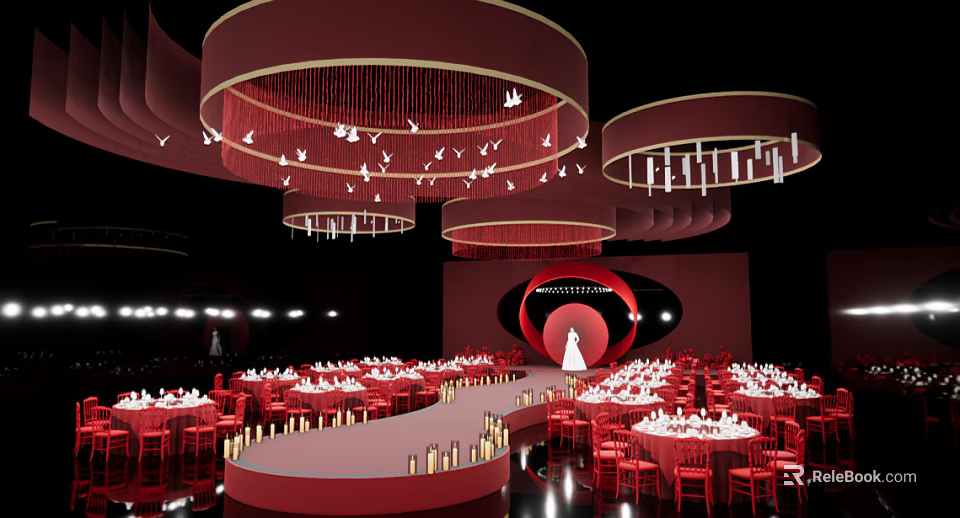 Red Themed Wedding Banquet Hall With Circular Decorative Chandeliers And Elegant Tables Setup 3d model 