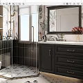 Modern Bathroom Cabinet With Mirror Marble Countertop Storage Drawers and Vase in Tiled Shower Room