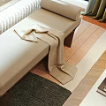 Modern Double Bed Interior Design With Beige Headboard Striped Quilt Nightstand And Window Bench