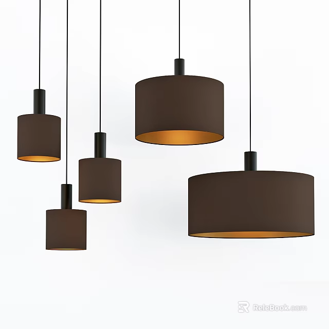 Modern Dark Brown Cylindrical Pendant Lights With Warm Yellow Glow Hanging 3d model