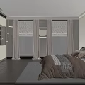 Cozy Double Bed With Brown Comforter Multiple Pillows Nightstand And Window Curtains 3d model