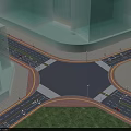 Urban Road Facilities At Intersection With Traffic Lanes Tall Buildings And Green Grass Areas