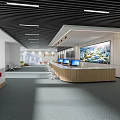 Modern Service Hall Interior With Sofa Tables And City Wall