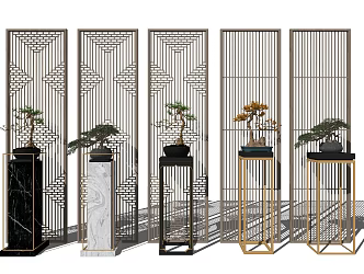 New Chinese-style flower partition screen potted plant ornaments 3d model