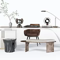 Modern Home Office Desk With Table Lamp Potted Plant Chair Decorative Items And Trash Bin