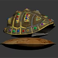 Ornate Turtle Shell Shaped Weapon With Colorful Gemstones And Golden Accents On Decorative Base