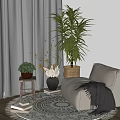 Beige Lounge Chair in Sunlit Room with Round Patterned Rug Green Plants and Decorative Stool