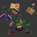 Flying Books Surrounding Magic Pot With Purple Wizard Hat Green Liquid And Red Cloth