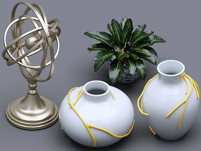 White Vases with Yellow Decorative Ropes and Green Leaf Plant for Interior Decoration 3d model