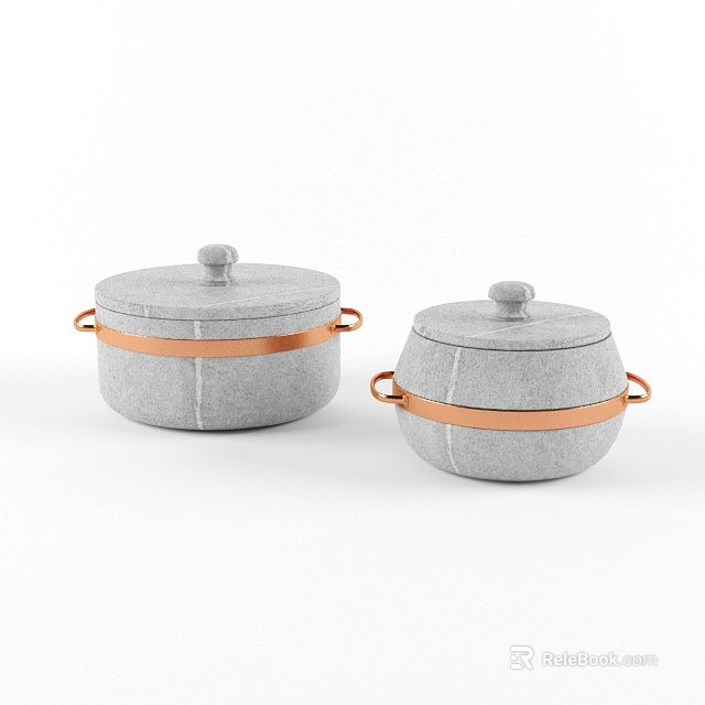 Ceramic Vessels with Lids Copper Bands and Handles in Gray Color 3d model 
