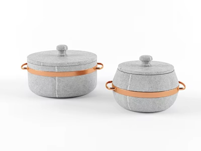Ceramic Vessels with Lids Copper Bands and Handles in Gray Color 3d model