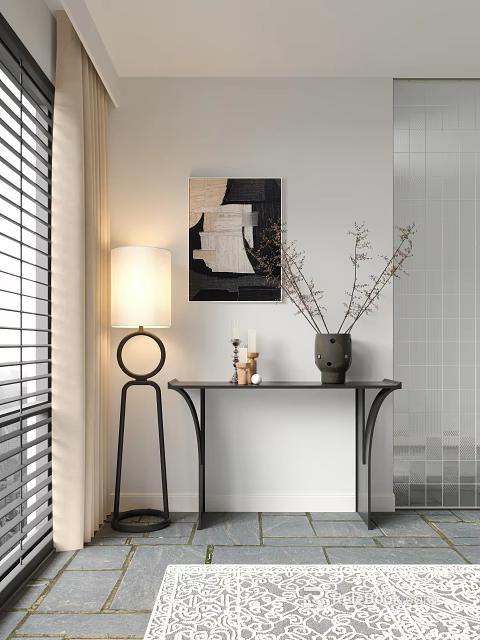 Modern Minimalist Entryway Console Table with Table Lamp Wall Artwork and Vase with Branches 3d model
