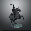 Man Riding Rearing Horse Holding Weapon On Detailed Bronze Statue Base