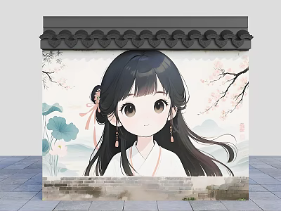Chinese Traditional Scenic Wall With Hanfu Girl Cherry Blossoms Lotus And Distant Mountains 3d model