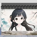 Chinese Traditional Scenic Wall With Hanfu Girl Cherry Blossoms Lotus And Distant Mountains