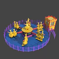 Colorful Carousel Amusement Ride With Yellow Animal Figures Colorful Platform Purple Fence And Small Pavilion