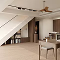 Duplex Living Room with Brown Bookshelves Books Decorations Table Chairs Ceiling Fan and Wooden Floor