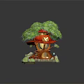 Cartoon Scene Featuring Red Roof Tree House Green Leaves Mushrooms And Stone Path
