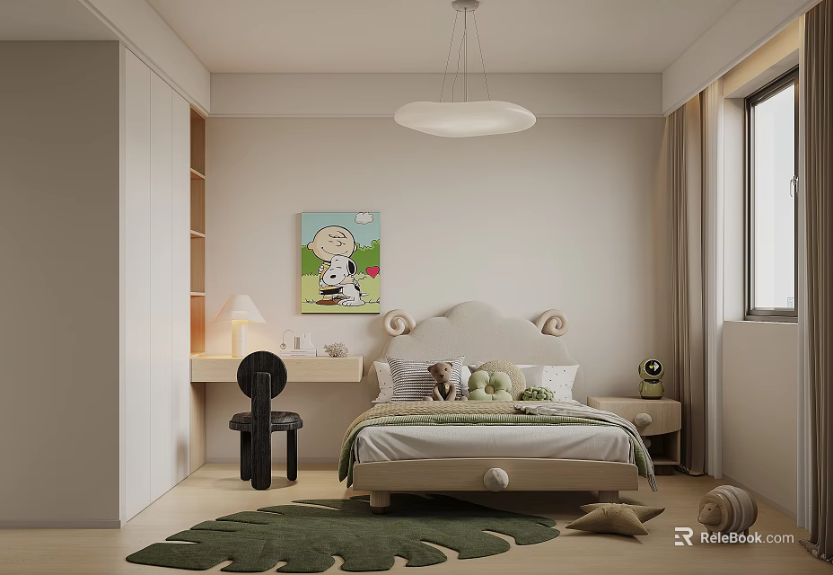 Cozy Kids Bedroom Interior With Soft Bed Desk Chair And Green Rug Decorative Painting 3d model 