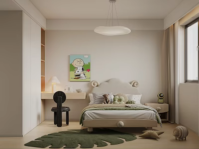 Cozy Kids Bedroom Interior With Soft Bed Desk Chair And Green Rug Decorative Painting 3d model