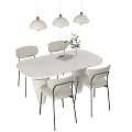 Modern White Oval Dining Table With Four Light Gray Chairs Three Pendant Lights and Greenery 3d model