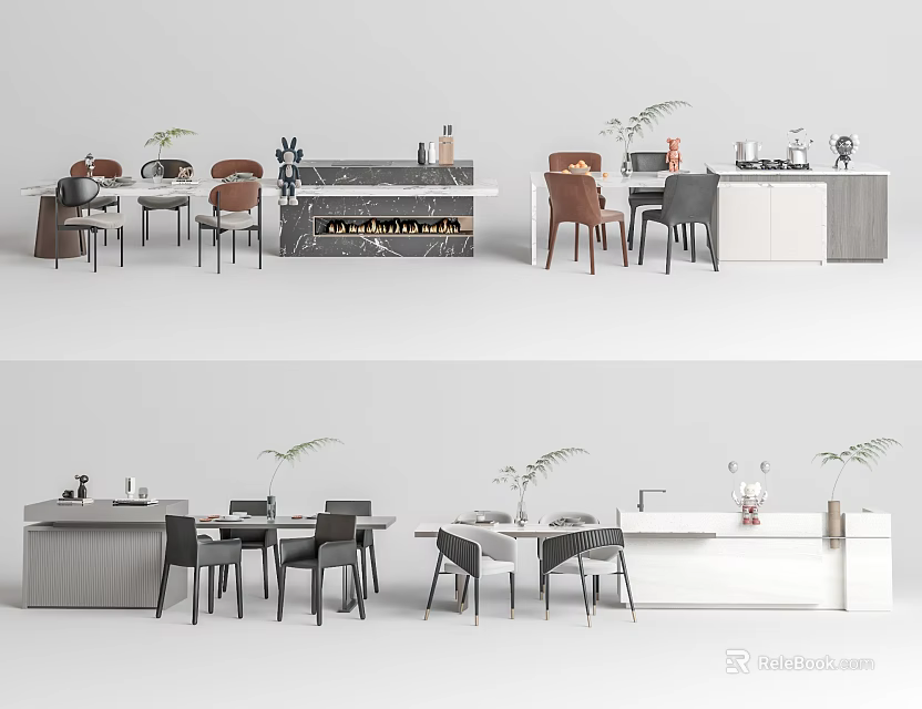 Modern Dining Table Set With Chairs Marble Top Cabinets And Decorative Plants 3d model