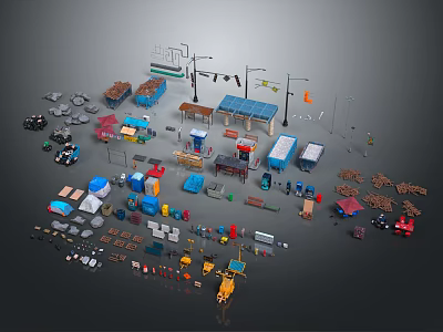 Diverse Urban Roadside Scene Components With Street Lamps Bus Stops And Vehicles 3d model