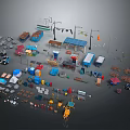 Diverse Urban Roadside Scene Components With Street Lamps Bus Stops And Vehicles