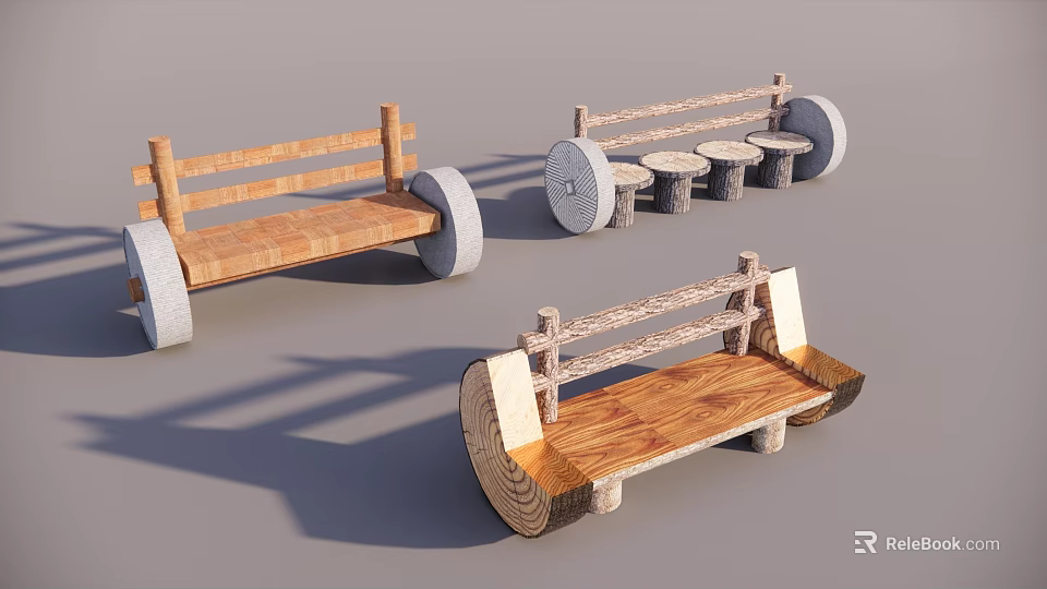 Natural Wooden Landscape Seats With Log Benches And Stone Wheel Bases 3d model 
