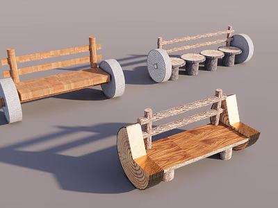 Natural Wooden Landscape Seats With Log Benches And Stone Wheel Bases 3d model
