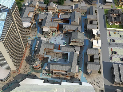 Traditional And Modern Commercial Street With Gray Tiled Roofs Water Channels And Open Plazas 3d model