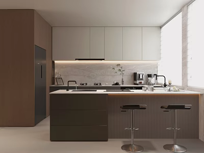 Modern Kitchen Interior with Island Countertop Cabinets Two Stools and Natural Light 3d model
