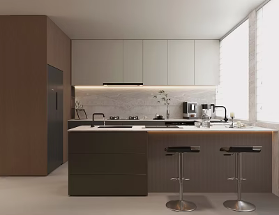 Modern Kitchen Interior with Island Countertop Cabinets Two Stools and Natural Light 3d model
