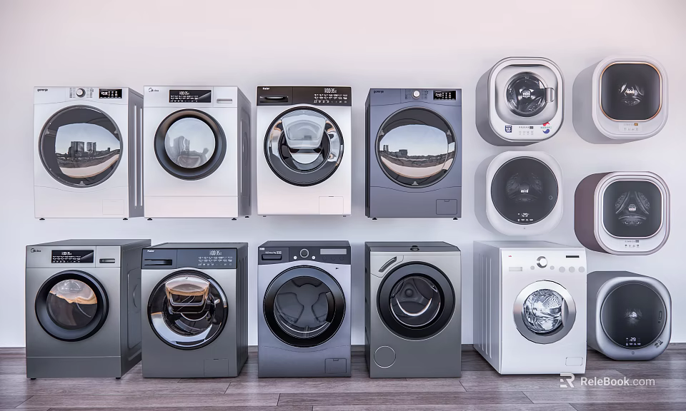 Various Styles Of Washing Machines Arranged Against The Wall 3d model 