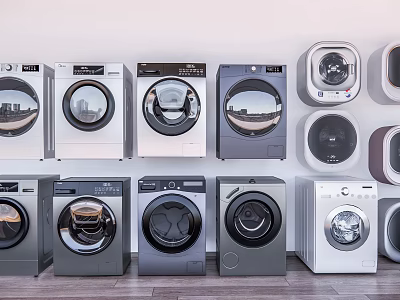 Various Styles Of Washing Machines Arranged Against The Wall 3d model