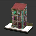 Cartoon Style House Scene With Red Roof Green Awnings Windows Front Table Chair And Fence