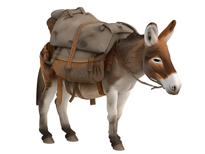 Brown Donkey Carrying Large Leather Saddle Bags On White Background 3d model