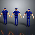 Three Standing Game And Movie Character Models In Blue Police Uniform With Reflections