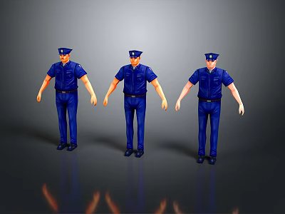 Three Standing Game And Movie Character Models In Blue Police Uniform With Reflections 3d model