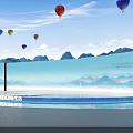 Outdoor Stage With Hot Air Balloons Mountain Landscape VTOS Logo And Water Pool