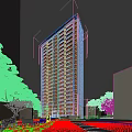 Modern High Rise Residential Building With Balconies Surrounded By Green Trees And Blue Sky
