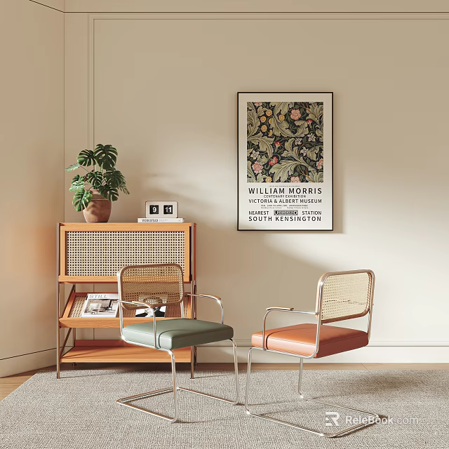 Stylish Dining Chairs With Metal Frames Rattan Backs Green And Orange Cushions Near Wooden Cabinet 3d model 