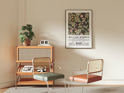 Stylish Dining Chairs With Metal Frames Rattan Backs Green And Orange Cushions Near Wooden Cabinet 3d model