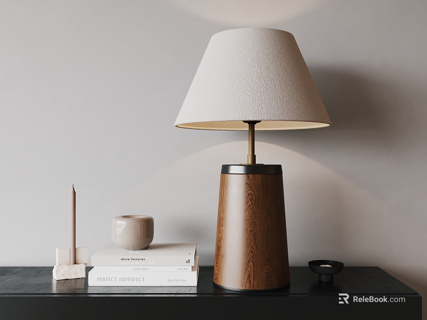 Modern Minimalist Table Lamp With Walnut Wood Base And Fabric Lampshade On Desk 3d model 